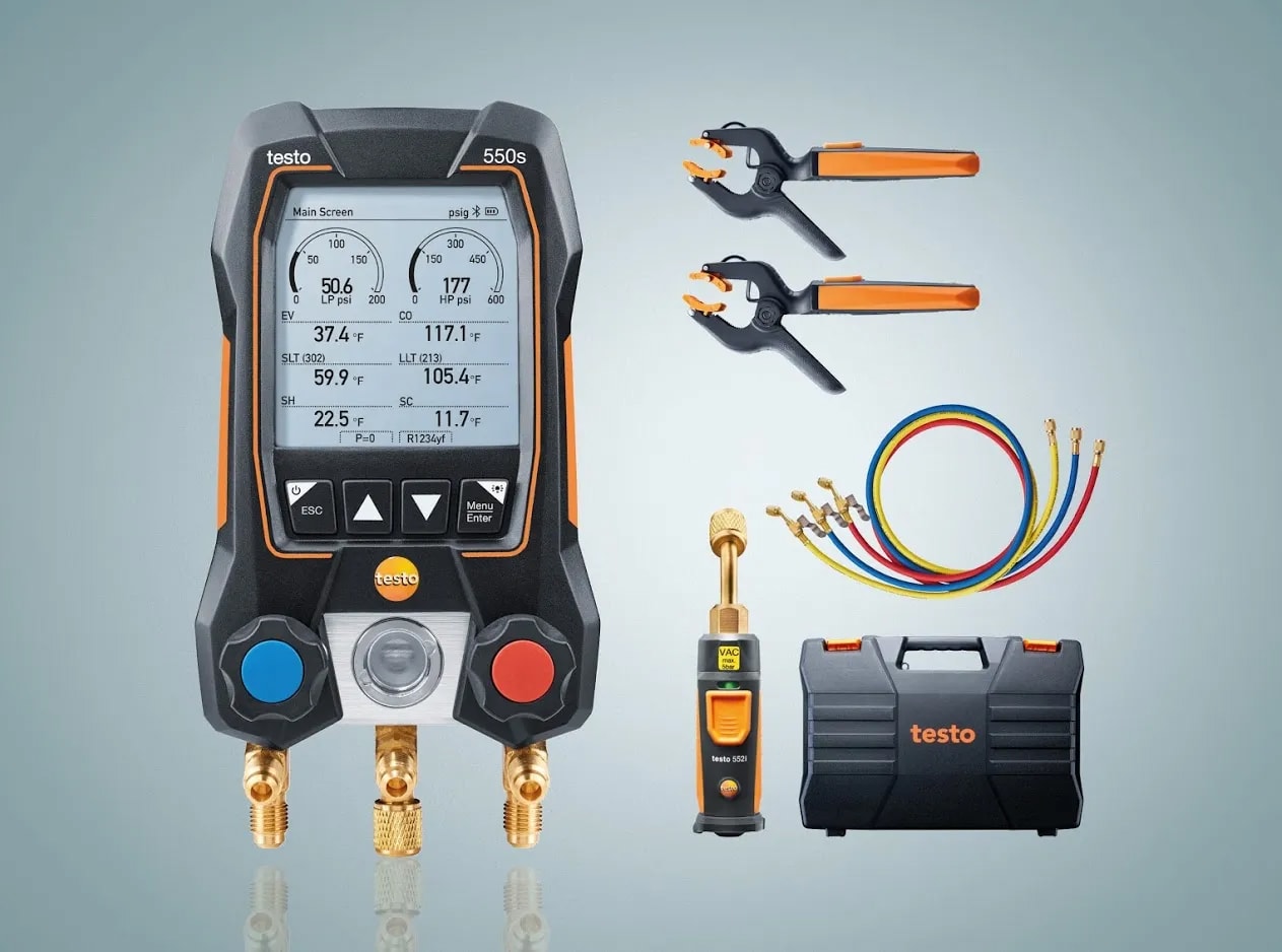 Testo 550s Smart Kit - Digital Manifold with 2 Way Valve, 115i Temp Probes (x2), 552i Vacuum Probe, Hose Set