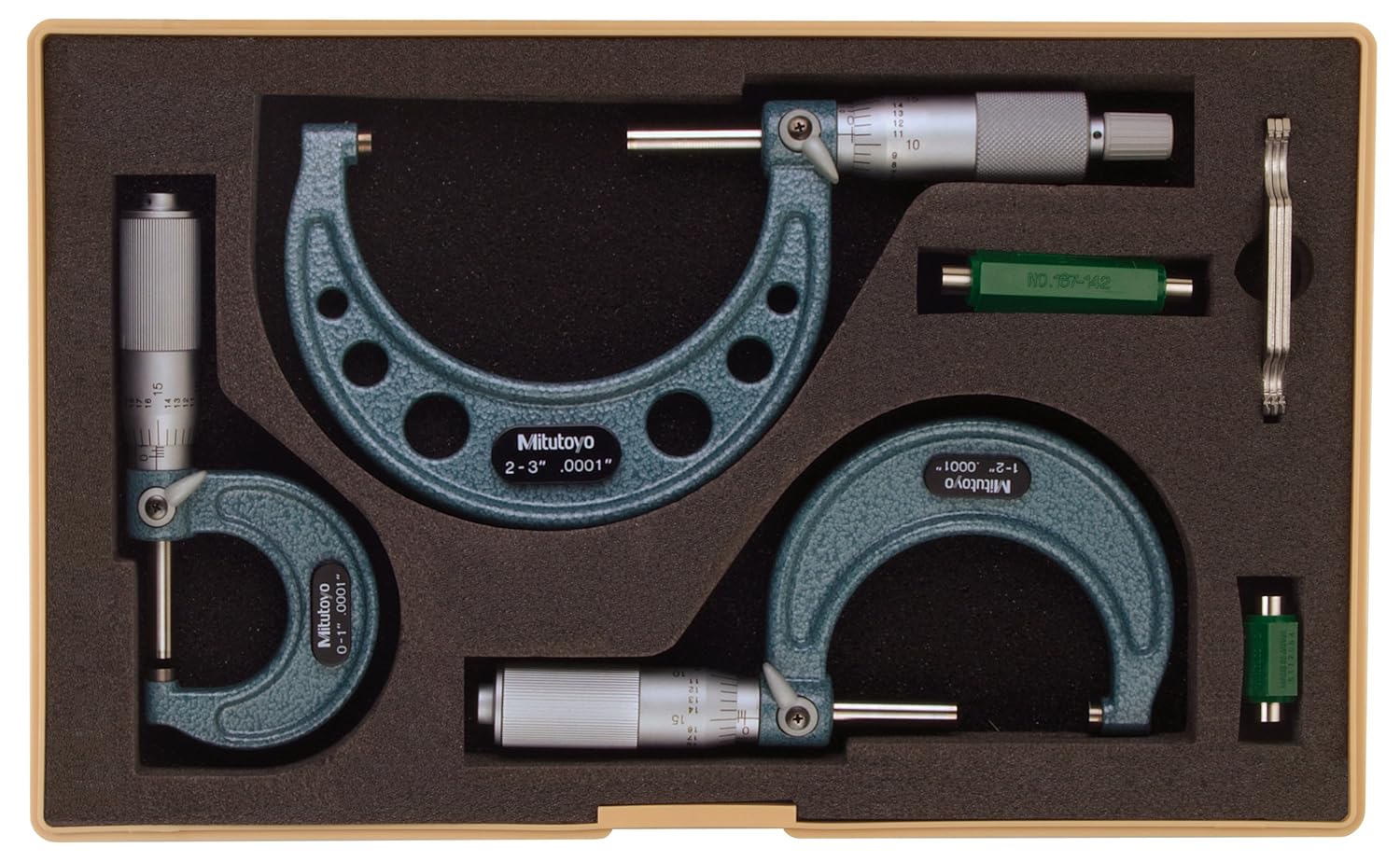 Mitutoyo 103-922 Series 103 Outside Micrometer Kit with ratchet stop and friction thimble, 0 to 3", 0.0001"