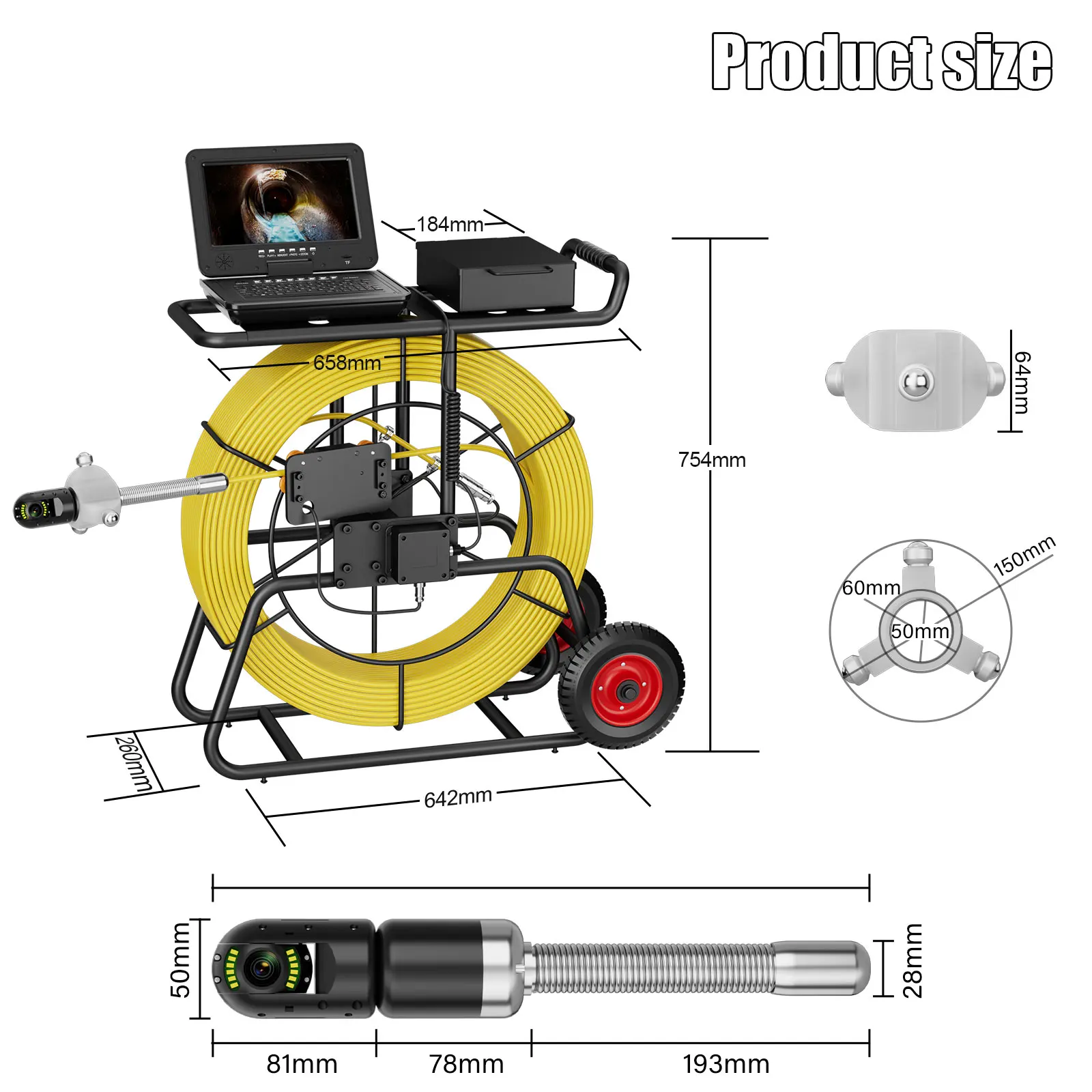 U15DJKYC50U8R-9C-120M Borescope HD Sewer Pipe Inspection Camera Range 120 Meter Cable 360 degrees10″inch